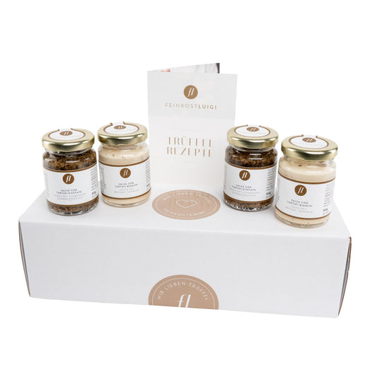 TRÜFFELBOX MIT TRÜFFEL CARPACCIO, SALSA MIT SCHWARZEN UND WEISSEN TRÜFFELN SOWIE TRÜFFELBUTTER